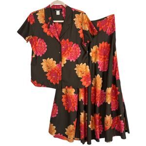 Vintage Jones NY 100% Silk Garden Party Floral Blouse & Midi Skirt Set‎ Womens 8